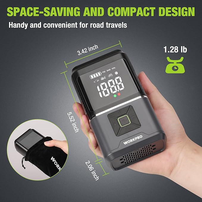 WORKPRO Portable Tire Inflator, 7.2V/12V Small/Mid/Large Air Compressor, Digital Display, Auto Shut-Off, 5 Modes, LED Light, High Airflow, for Car, Motorcycle, Bike, Balls