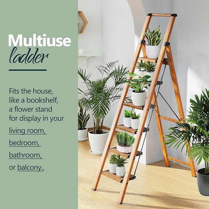 WOA WOA 6 Step Ladder, Folding Ladder with Handrails for High Ceilings, Indoor Tall Ladders with Wide Pedals, Lightweight Aluminum Stepladder for Home 300lbs - Wood Grain