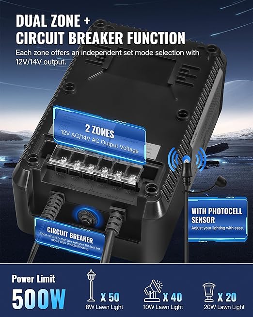 500W Low Voltage Landscape Transformer, 2 Zone Independent Control Landscape Lighting Transformer, 120VAC to 12/14V AC Low Voltage Transformer with Timer & Photocell Sensor ETL Listed D24LT06