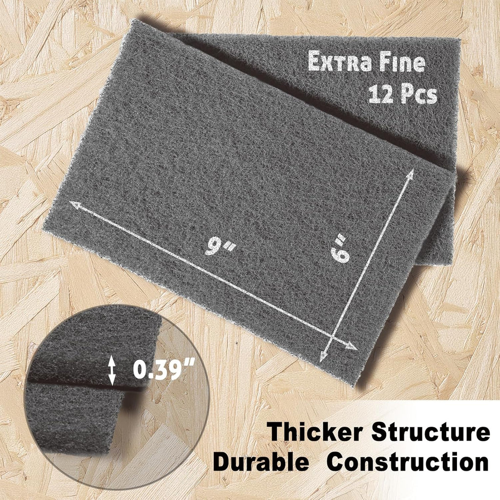 12-Pack 6"x9" Non-Woven Scuff Pads - Gray P800 - Aluminum Oxide Abrasive for Scouring, Sanding, Paint Primer Prep - Automotive, Auto Body, Woodworking, Surface Preparation (Gray)