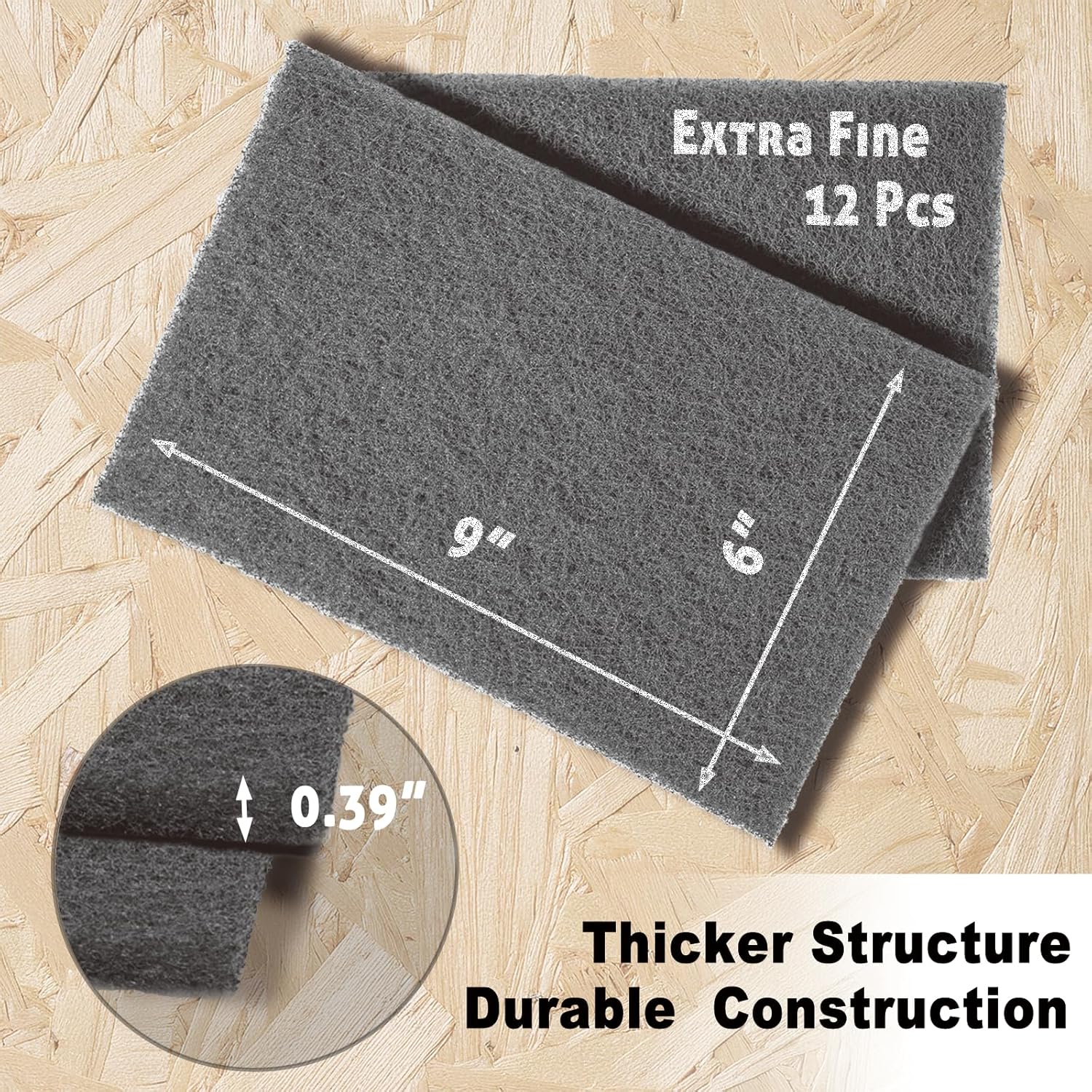 12-Pack 6"x9" Non-Woven Scuff Pads - Gray P800 - Aluminum Oxide Abrasive for Scouring, Sanding, Paint Primer Prep - Automotive, Auto Body, Woodworking, Surface Preparation (Gray)