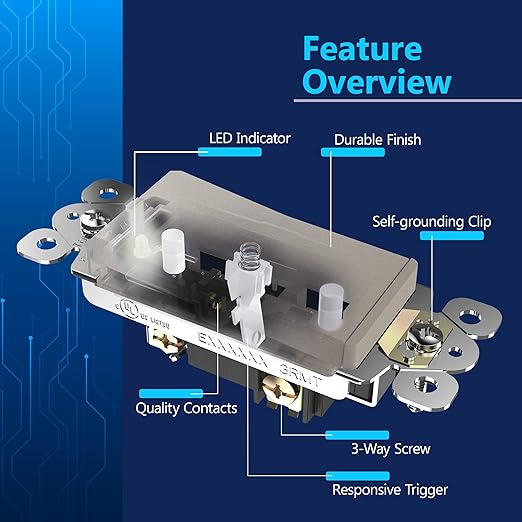 LIDER Minimalist Design Matte Finish Lighted Decorator Switch, Frameless Paddle Light Switch with Locator Light, Grounding Screw, 3-Way or Single Pole, 15A 120V, UL Listed, LS15-3W-NK, Nickel