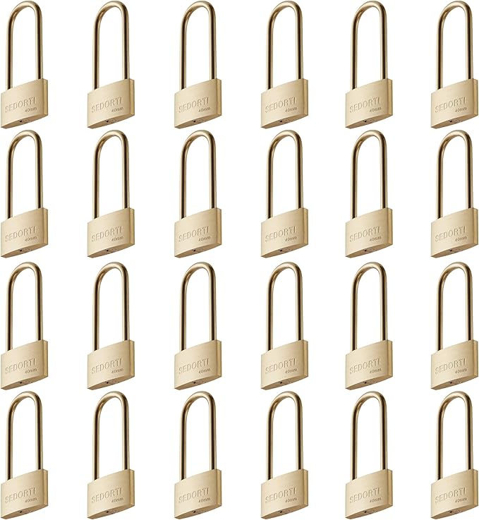 Weather Proof Locks with Same Key#31322, Solid Brass Keyed Alike Padlocks with Long Brass Shackle, Light Duty, 1-1/2" Wide Body, Marine Padlock, Anti Rust Lock, 24 Pack