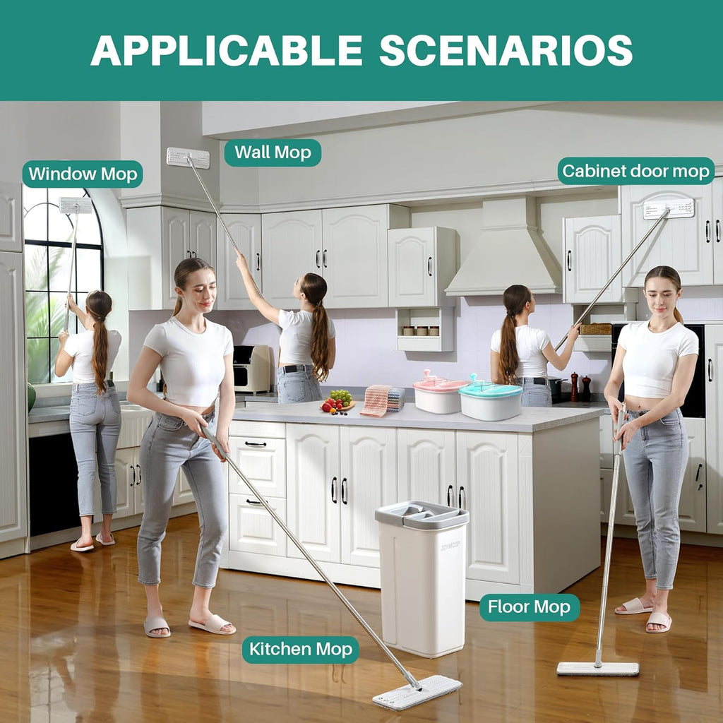 JOYMOOP Microfiber Flat Mop and Bucket System, Mops for Floor Cleaning and Wall Cleaner, Hardwood, Tile, Laminate, Vinyl Floors, Smooth Walls, and Glass Windows - 50" Flat Mop + 1 Microfiber Pad