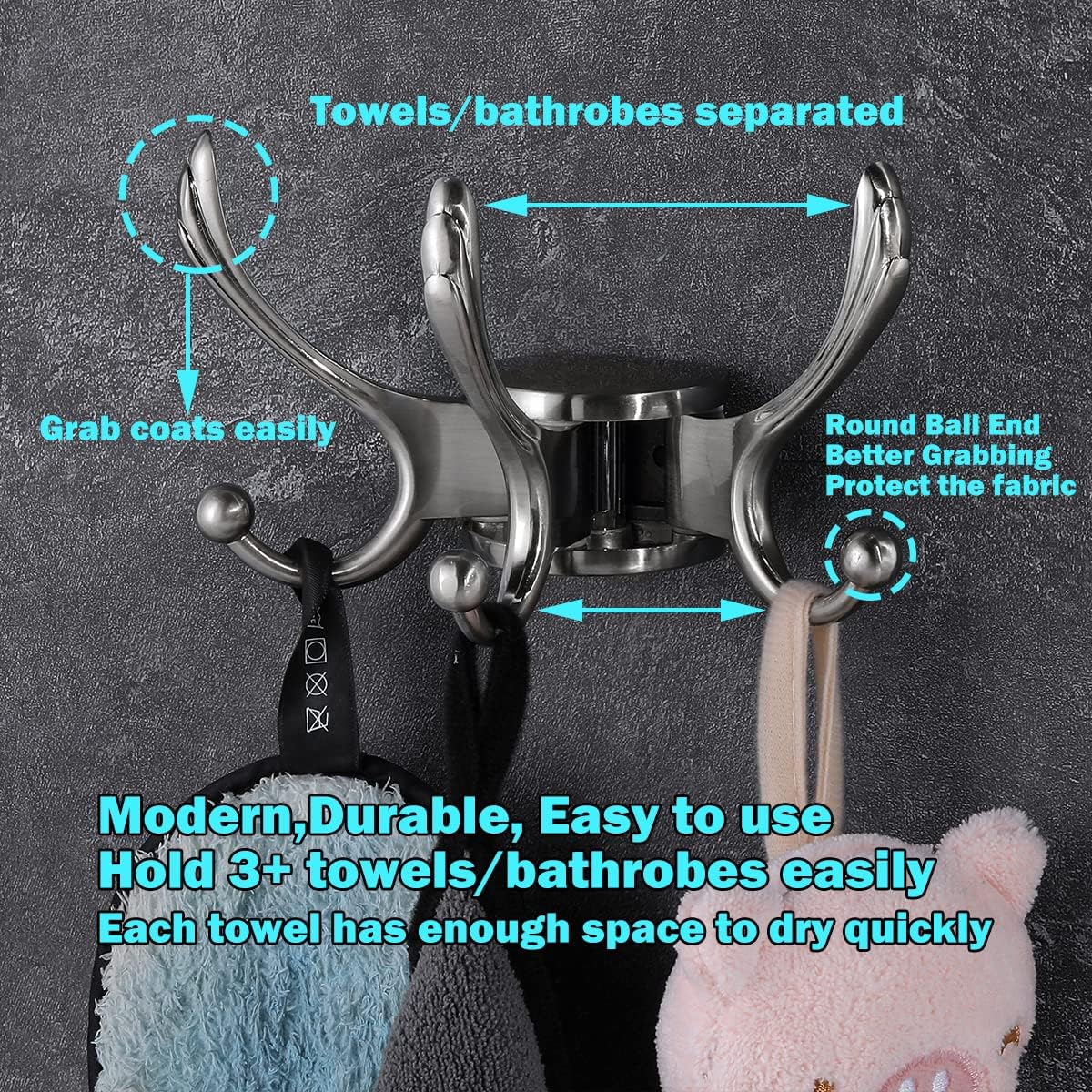 Swivel Coat Hook 2 Pack Heavy Duty Space Saving Towel Rope Hook Wall Mount Triple Swing Arms for RV Bathroom Kitchen Garage,Brushed Nickel