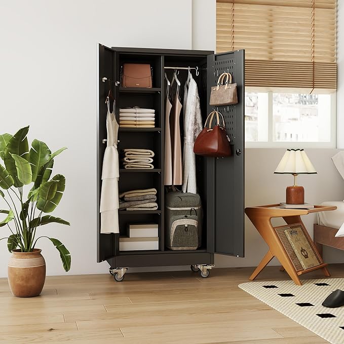 Garage Storage Cabinet with Wheels and 5 Pegboard, Broom Closet Storage Cabinet with Hanging Rod and 13 Hooks, Metal Cabinets with Locking Doors and 4 Shelves, 61.7"H x 27.6"W x 13.8"D,Black