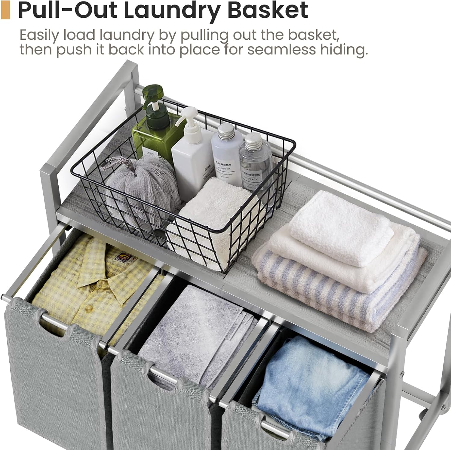 Laundry Hamper, Laundry Basket, Laundry Sorter with 3 Removable Bags, Clothes Basket with 3 Compartments, Wheels, Shelf for Laundry Room Bathroom Bedroom (3 Bags-Gray)