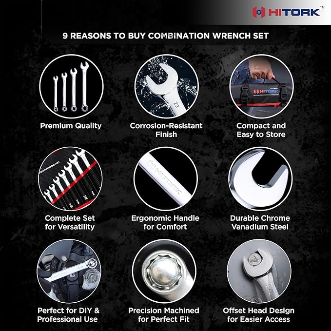 Hitork 11 Piece Combination Wrench Set with Roll Pouch, SAE Sizes (1/4" - 7/8"), Drop Forged Cr-V Steel, Chrome Plated Mirror Finish, 12 Point Box End, 15° Offset, Exceeds ANSI Standards