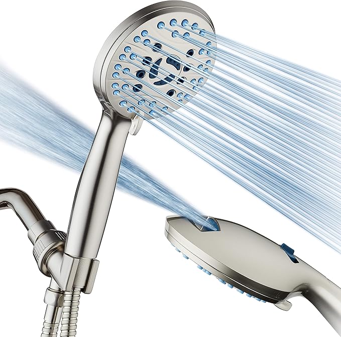 Hotel Spa AquaCare High Pressure 8-mode Handheld Shower Head - Anti-clog Nozzles, Built-in Power Wash to Clean Tub, Tile & Pets, Extra Long 6 ft. Hose, Wall & Overhead Brackets - 1.8 GPM