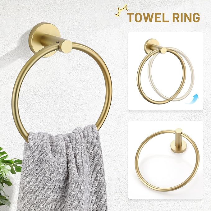 TURS Brushed Gold 5 Piece Bathroom Hardware Set, SUS304 Stainless Steel Bath Towel Bar Set, 23.6 Inch Round Bathroom Accessories Kit Wall Mounted