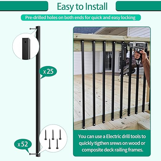 Black Metal Deck Balusters 32", Deck Railing and Indoor Stairs Railing,Hollow Rectangular Stair Railing with Screws for Deck Railing and Outdoor Porch-25Pack