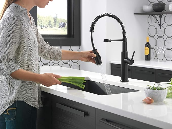 Delta Antoni Pro Style Commercial Kitchen Faucet with Pull Down Sprayer, Single Hole Matte Black Kitchen Sink Faucet, Single Handle, Matte Black 18803-BL-DST