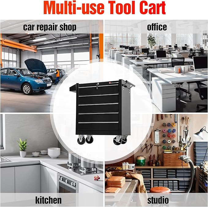 Tool Chest Heavy Duty Cart Steel Rolling Tool Box 5 Drawer Cart (TZ35-BK)