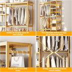 Homykic Bamboo Clothes Rack Garment Rack for Hanging Clothes, Heavy Duty Clothing Rack with 7 Tiers Adjustable Shelves, Double Rods, 4 Hooks, Freestanding Closet System Organizer Wardrobe, Natural