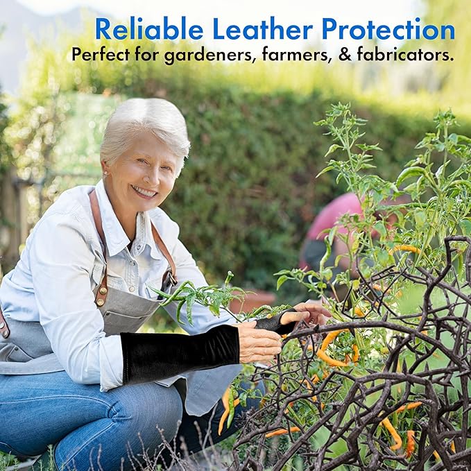 Arm Chaps Leather Protective Sleeves Arm Guard - Prevent Cuts, Scratches & Bruises - Genuine Cowhide - Ideal for Gardening & Construction - Left & Right Form-Fitting. Black (1 Pair/Medium).