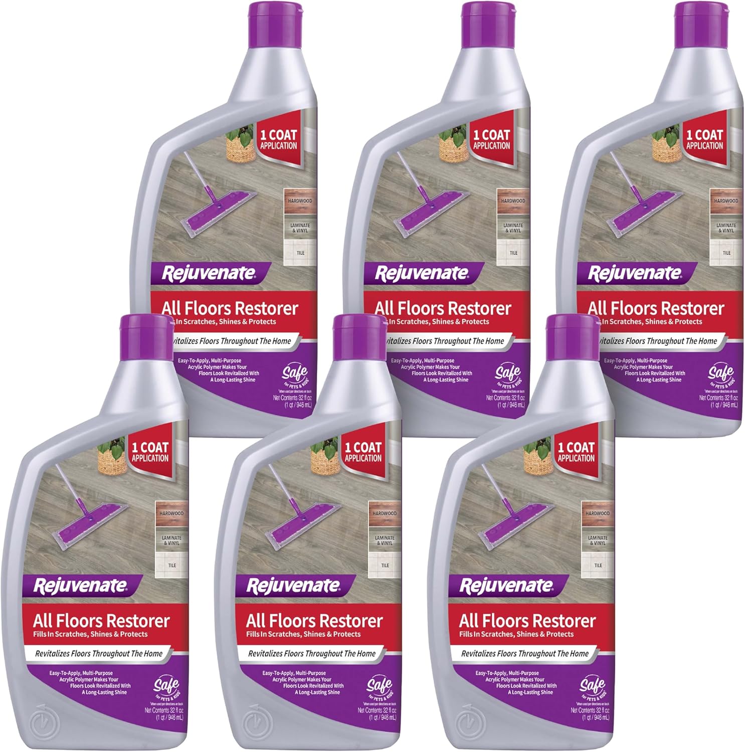 Rejuvenate All Floors Restorer Fills Scratches, Shines And Protects All Floor Types, Including Hardwood, Laminate, Vinyl And Tile, 32 Ounces, 6 Pack