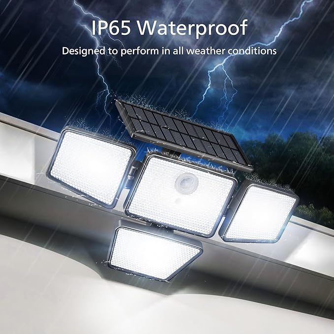 Philips Solar Security Light Outdoor, 196 LED Wall-Mounted Flood Light w/PIR Motion Sensor, 3 Modes, 4 Adjustable Heads Solar-Powered Floodlights with Remote Control, IP65 Waterproof