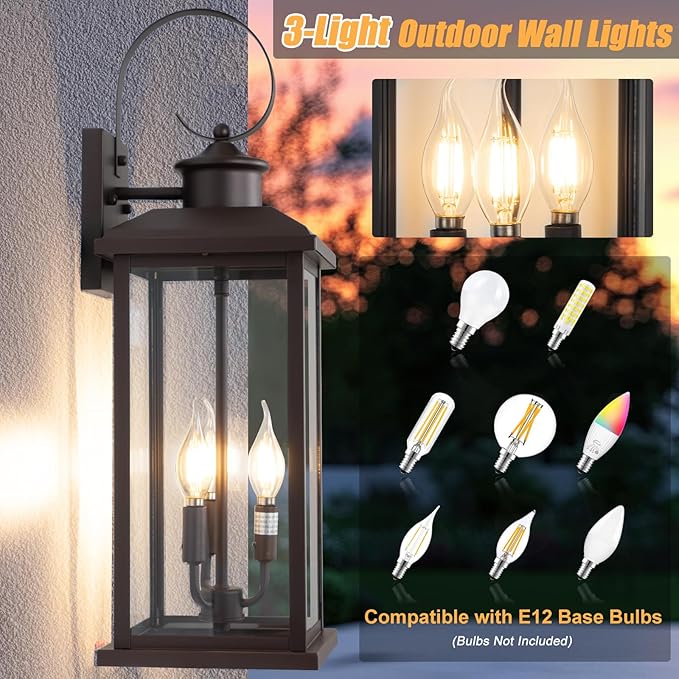 24" Outdoor Lighting Fixture- Bronze 3-Light Exterior Lighting Fixture Waterproof Modern Porch Sconce, Outside Lantern for House Garage Patio E12 Base