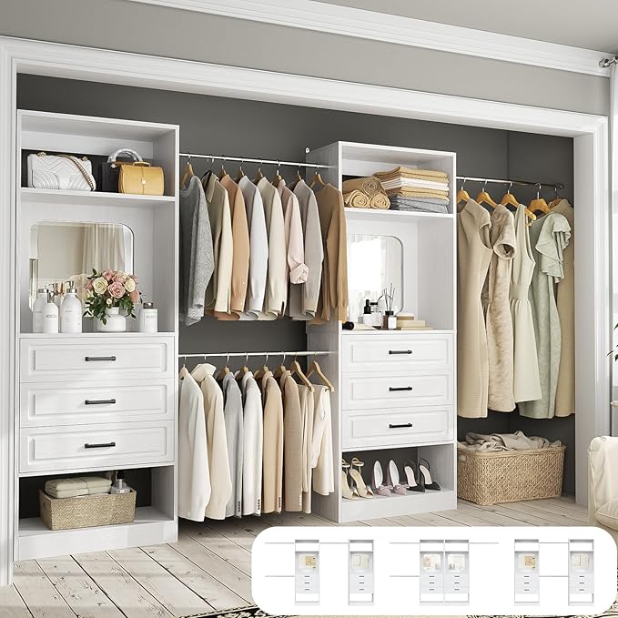Unikito Closet System with 6 Drawers, 6-14Ft Closet Organizer with Mirror, Walk-in Closet Organizer Wardrobe Clothes Rack with 3 Hanging Rods, Sturdy Wood Clothing Garment Rack with Tower, White