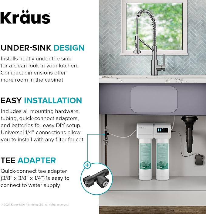 KRAUS Bolden 2-in-1 Commercial Style Pull-Down Single Handle Water Filter Kitchen Faucet in Spot-Free Antique Champagne Bronze with Purita 2-Stage Under-Sink Filtration System