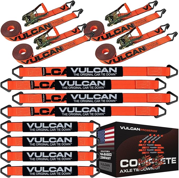 VULCAN Complete Axle Strap Tie Down Kit with Wire Hook Ratchet Straps - PROSeries - Includes (4) 22 Inch Axle Straps, (4) 36 Inch Axle Straps, and (4) 15' Wire J Hook Ratchet Straps