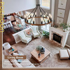 31.5'' Wooden Wagon Wheel Chandelier Farmhouse 12 Lights Wood Round Chandelier Black Rustic Light Fixture for Living Dining Room Entryway Foyer Kitchen