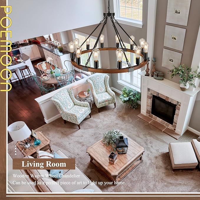 31.5'' Wooden Wagon Wheel Chandelier Farmhouse 12 Lights Wood Round Chandelier Black Rustic Light Fixture for Living Dining Room Entryway Foyer Kitchen