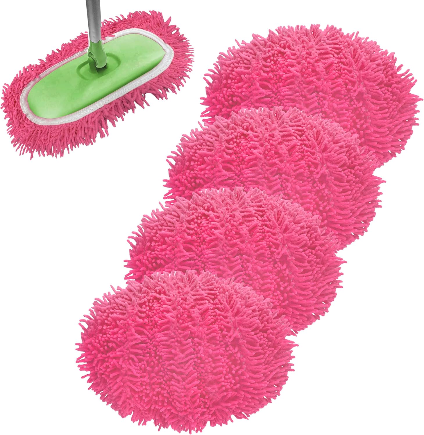 Reusable Microfiber Chenille Mop Pads Compatible with Swiffer Sweeper, Dry Sweeping Cloths & Wet Mopping Cloths, Refills for Hardwood Surface Floor Cleaning, 4 Pack (Pink)