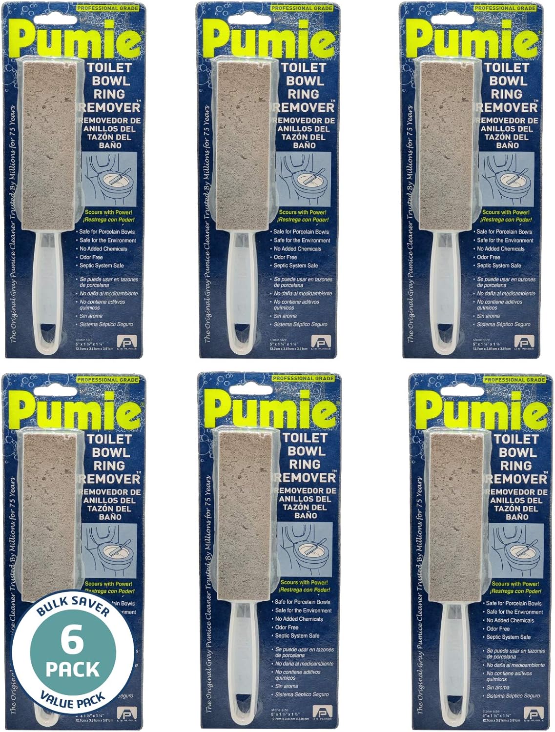 PUMIE Pumice Stone Toilet Bowl Cleaner (6-Pack) - Pumice Stone with Handle - Heavy Duty Toilet Bowl Scrubber for Rings, Bowls, Hard Water Stains, Lime, Rust, Sink - Includes Handle for Easy Use
