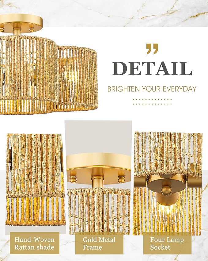 Rattan Light Fixtures Ceiling Mount, 4-Light 14" Boho Semi Flush Mount Ceiling Light with Hand-Woven Shade in Quatrefoil Shape for Kitchen Nursery Bedroom Hallway, Gold, AD-22007-4SF-RA-GD