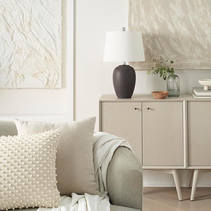 Nourison Home 23" Dark Purple Distressed Ceramic Pot Table Lamp for Bedroom, Living Room, Dining, Office, with White Shade