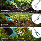 Bluemars Gardening Hand Tool Kit 14PCS Heavy Duty Stainless Steel Garden Tool Set with Floral Garden Tote -Outdoor Gardening Transplanting Gifts for Woman