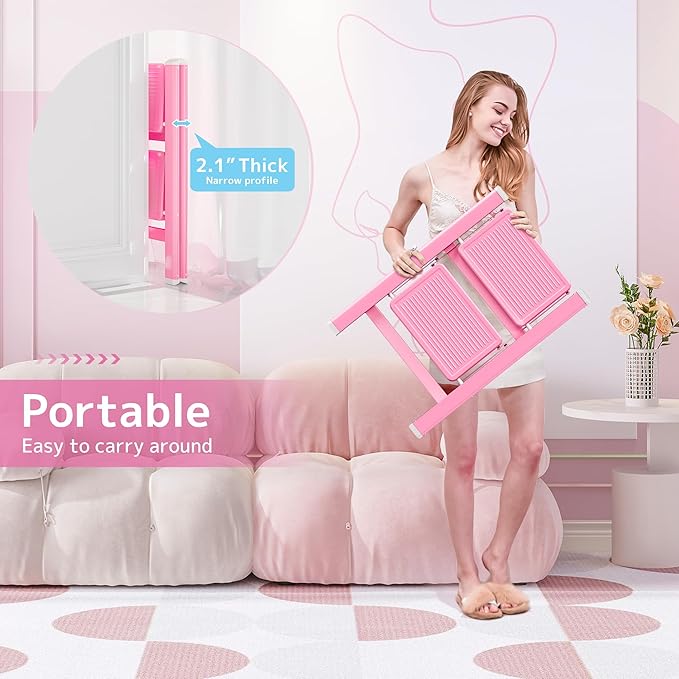 GameGem Pink 2 Step Ladder, Small Kitchen Step Stool for Adults, Widen 7.9Inch Pedal for Comfortable Use, Sturdy and Cute Step Ladder with Anti-Slip Foot, More Friendly to Women, 330Lbs Load