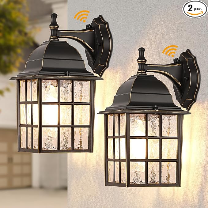 Black Dusk to Dawn Outdoor Lights for House with Gold Rim, Sensor Exterior Lighting Fixtures Wall Mount, Waterproof Porch Lights, Wall Lantern Lamp, Outside Sconce for Front Door, Garage 2 Pack