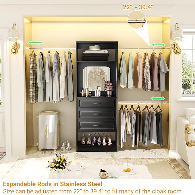 Unikito 8FT Closet System with Mirror, 96 Inch Walk in Closet Organizer Kit with Drawers and 3 Extendable Hanging Rods, Sturdy Wood Clothing Garment Rack with 25” Tower, Max Load 1000 LBS, Black