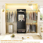 Unikito 8FT Closet System with Mirror, 96 Inch Walk in Closet Organizer Kit with Drawers and 3 Extendable Hanging Rods, Sturdy Wood Clothing Garment Rack with 25” Tower, Max Load 1000 LBS, Black