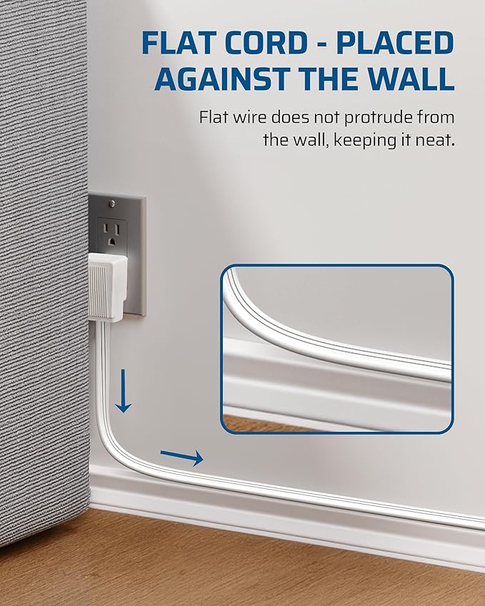 DEWENWILS 15FT Flat Plug Extension Cord, 3 Prong Ultra Thin Power Strip, 13A/125V/1625W, 16/3 Awg Grounded Flat Power Cable for Indoor Narrow Space, SPT-3 Cord, ETL Listed, White