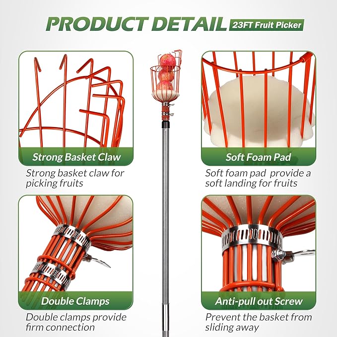 Walensee 23FT Fruit Picker, Adjustable Fruits Picker Tool with Fiberglass Pole, Big Basket and Storage Bag, Fruit Catcher Equipment Tree Picker for Lemons Apples Mango Orange Avocados Fruit Picking