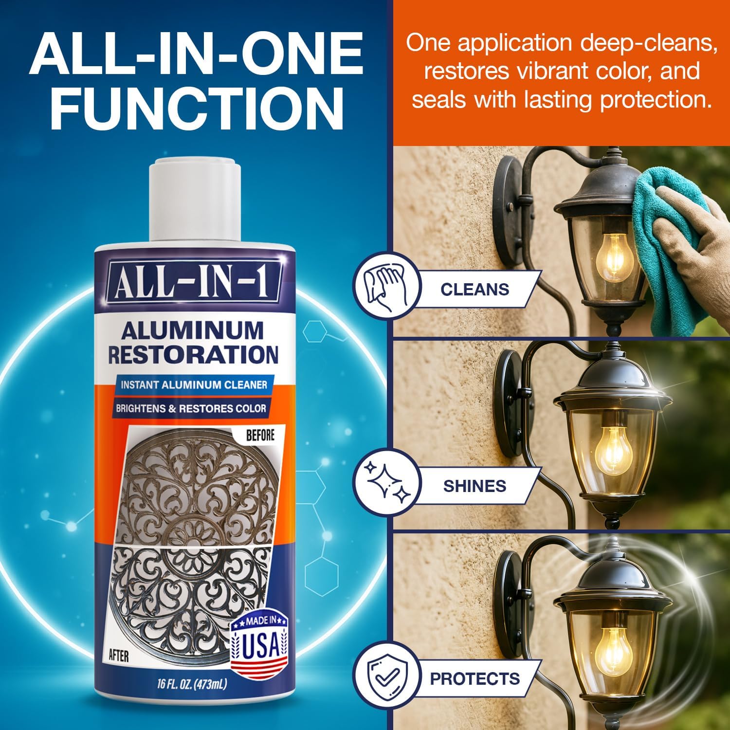 All-In-1 Aluminum Cleaner & Restoration Solution – Made in USA, Restores Faded Patio Furniture, Garage Doors, & Outdoor Fixtures, Aluminum Brightener & Restorer for All Painted Metal Surfaces, 16 OZ