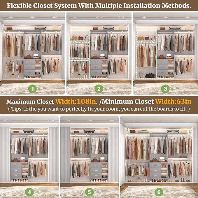 Aheaplus Closet System, Closet Organizer with 3 Wooden Drawers, 8FT Closet Organizer System, 96’’ Walk-in Closet Wardrobe Clothes Rack with Hanging Rods, Garment Rack, Fits 5.3-9 ft, -G6, Grey