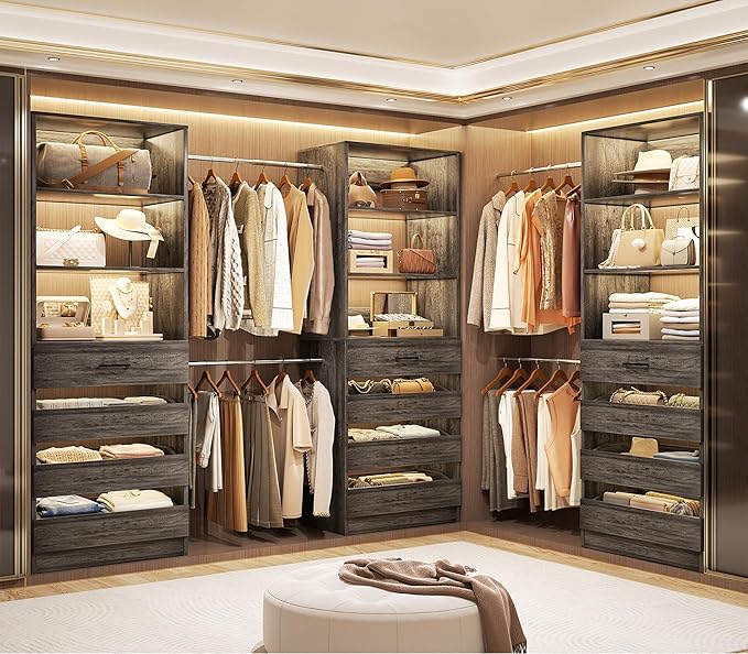 Aheaplus Closet System with 12 Drawers, 8.5-11.5Ft Wood Closet Organizer System with 4 Hanging Rods & 3 Towers, 4Ft & 6Ft L-Shaped Walk-in Closets Wardrobe Organizer Clothes Rack, Set of 3, Black Oak