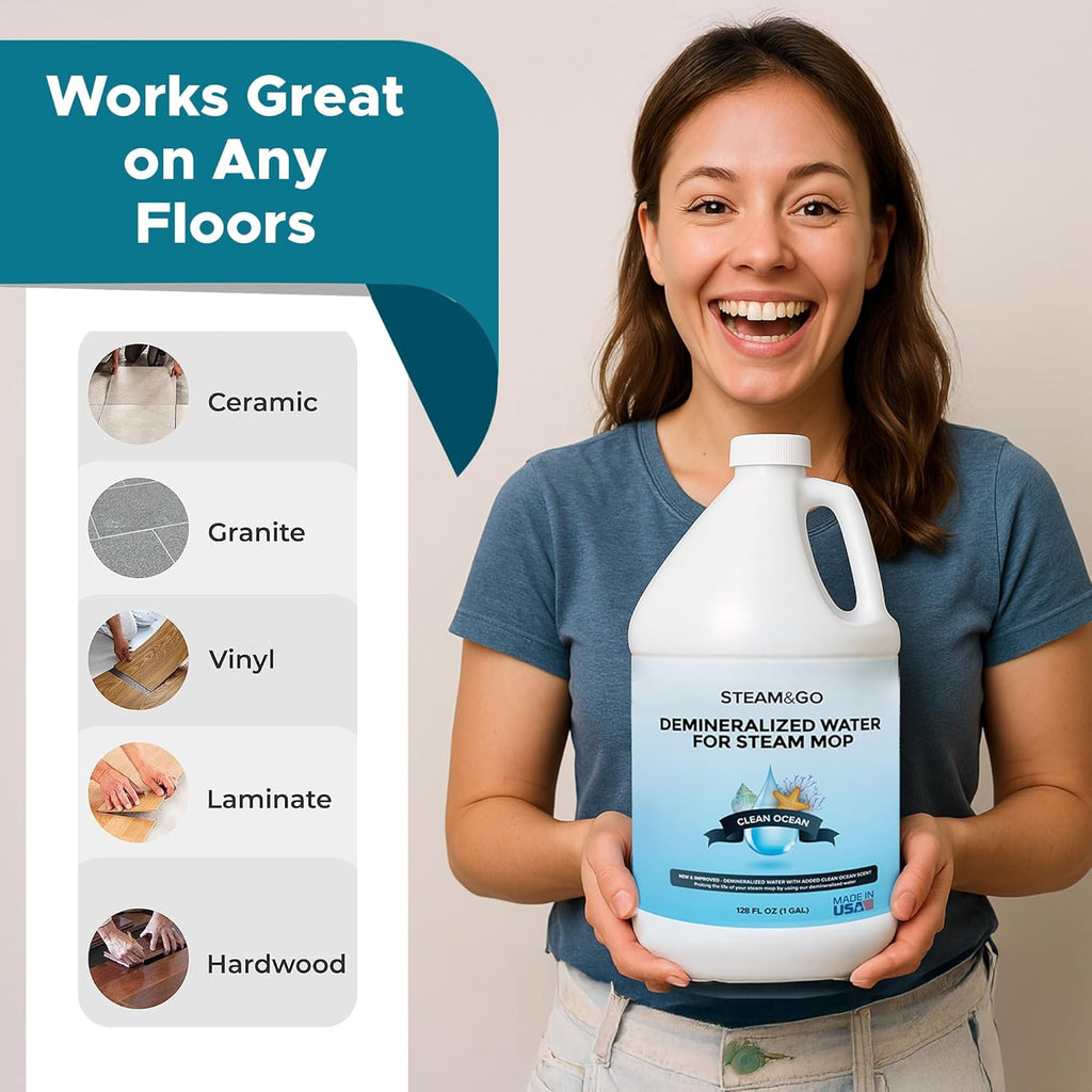 Steam & Go Demineralized Water - Multisurface Cleaner, PVC-Free Ready-to-Use for Mops & Floor Steamers - Ideal for Kitchen, Bathroom, & Home Surfaces - Clean Ocean Scent - 128 fl oz (1 gal)