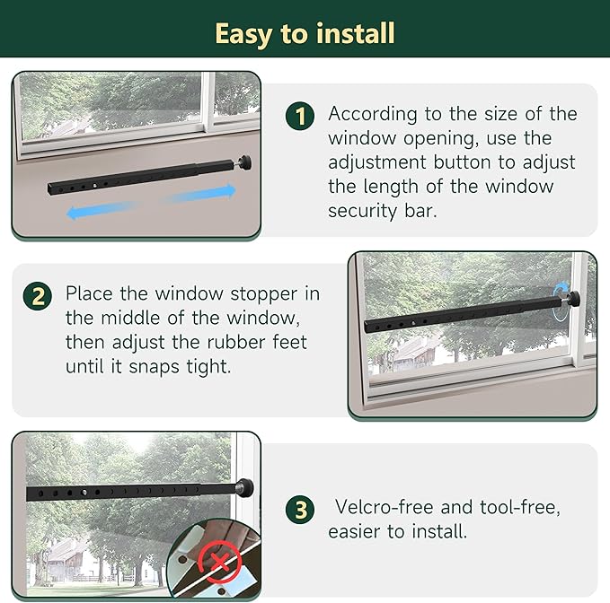 Adjustable Window Security Bars Vertical, Heavy Duty Sliding Patio Glass Door Lock Bar with Rubber Feet, 17-33 inch Window Safety Stopper for Up and Down Windows -Black 1 PCS Patented