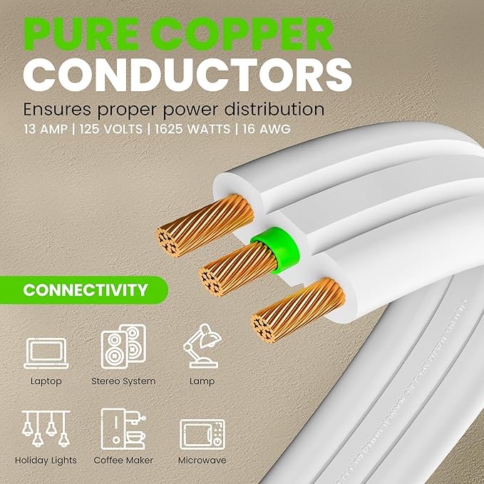 GEARit 360 Rotating Flat Plug Extension Cord (6ft, White) Multi 3-Outlet Extension 16 AWG Wire, Adapter for Small Spaces, Right Angle Socket, ETL Certified - 6 Feet