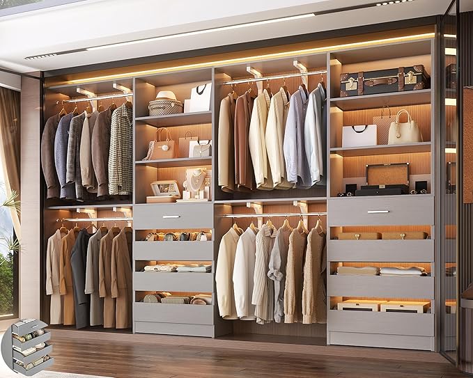 Aheaplus Closet System with 8 Wooden Drawers, Wood Closet Organizer System with Tower, Walk-in Closet Organizer Wardrobe Clothes Rack with 4 Hanging Rods, Garment Rack, Cut to Fit 7-12Ft, Grey