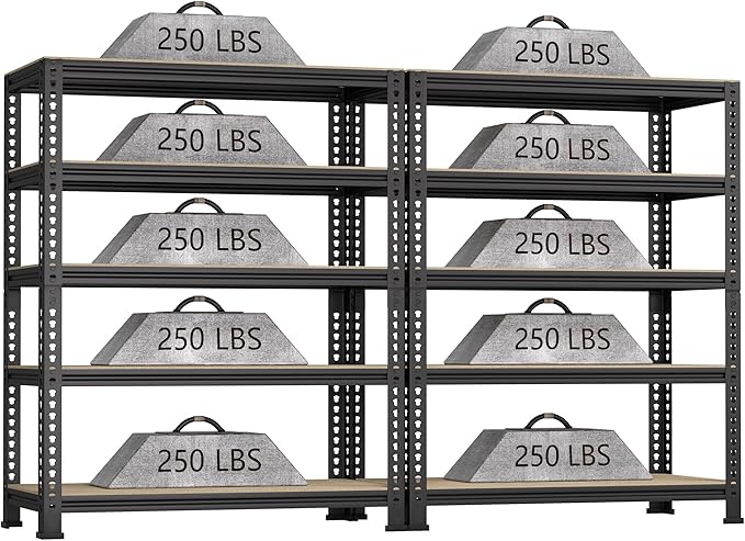 5-Shelf Heavy Duty Shelving - Adjustable Garage Storage Shelves, Metal Utility Storage Racks for Warehouse Pantry Basement Kitchen, Garage Organizers Shef Unit, Black, Packs of 2