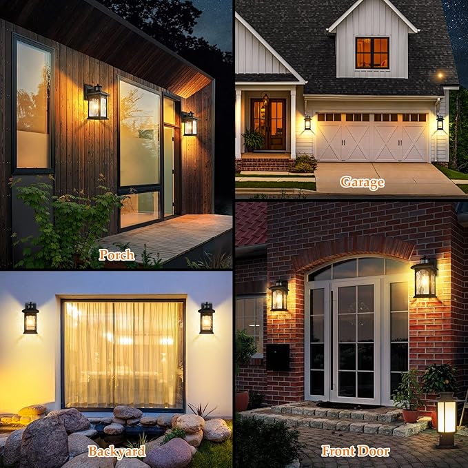 2 Packs Motion Sensor Outdoor Wall Lantern, Dusk to Dawn Outdoor Lighting, Black Porch Lights Fixture & Outside Wall Mount with Rippled Glass, Exterior Sconce Light for Front Patio Garage Entryway