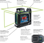 BOSCH GLL50-40G Green-Beam Self-Leveling 360 Degree Cross-Line Laser, Includes 4 AA Batteries, L-Bracket, Ceiling Clip, & Hard Carrying Case