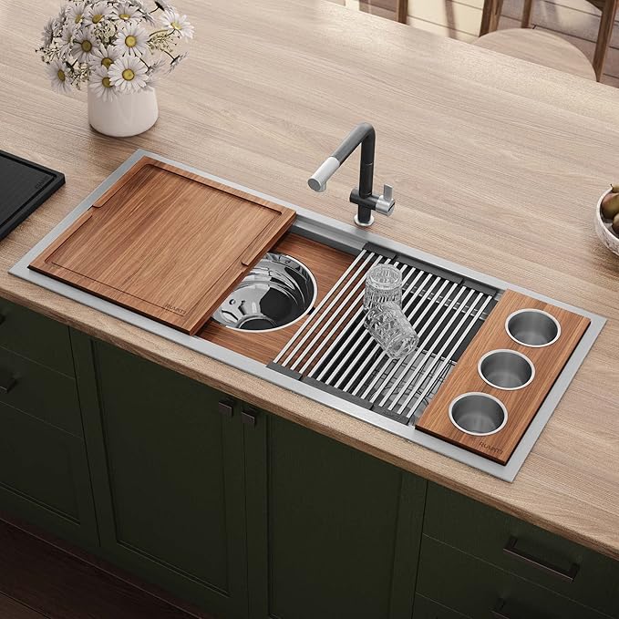 Ruvati 45-inch Drop-in Workstation Kitchen Sink - 16 Gauge Topmount Stainless Steel Kitchen SInk with Two-Tiered Ledges & Accessories - RVH8433