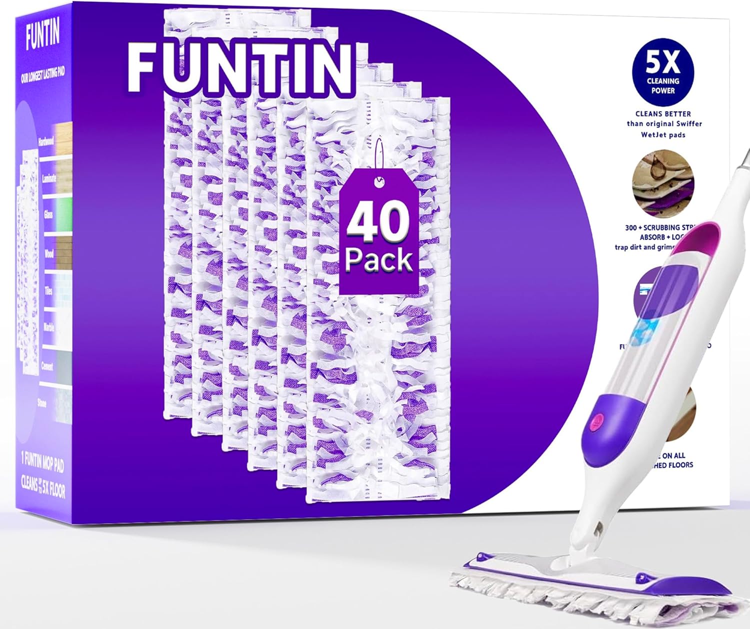 Funtin Power Mop Pads for Swiffer PowerMop, Thickened Unscented Disposable Mopping Refills, Dry & Wet Use for Floor Cleaning, 40 Pads ONLY